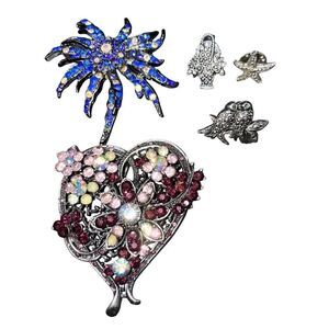 Vintage Lot of 5 Pins Broochs Heart Floral Flowers Nautical Birds Rhinestones